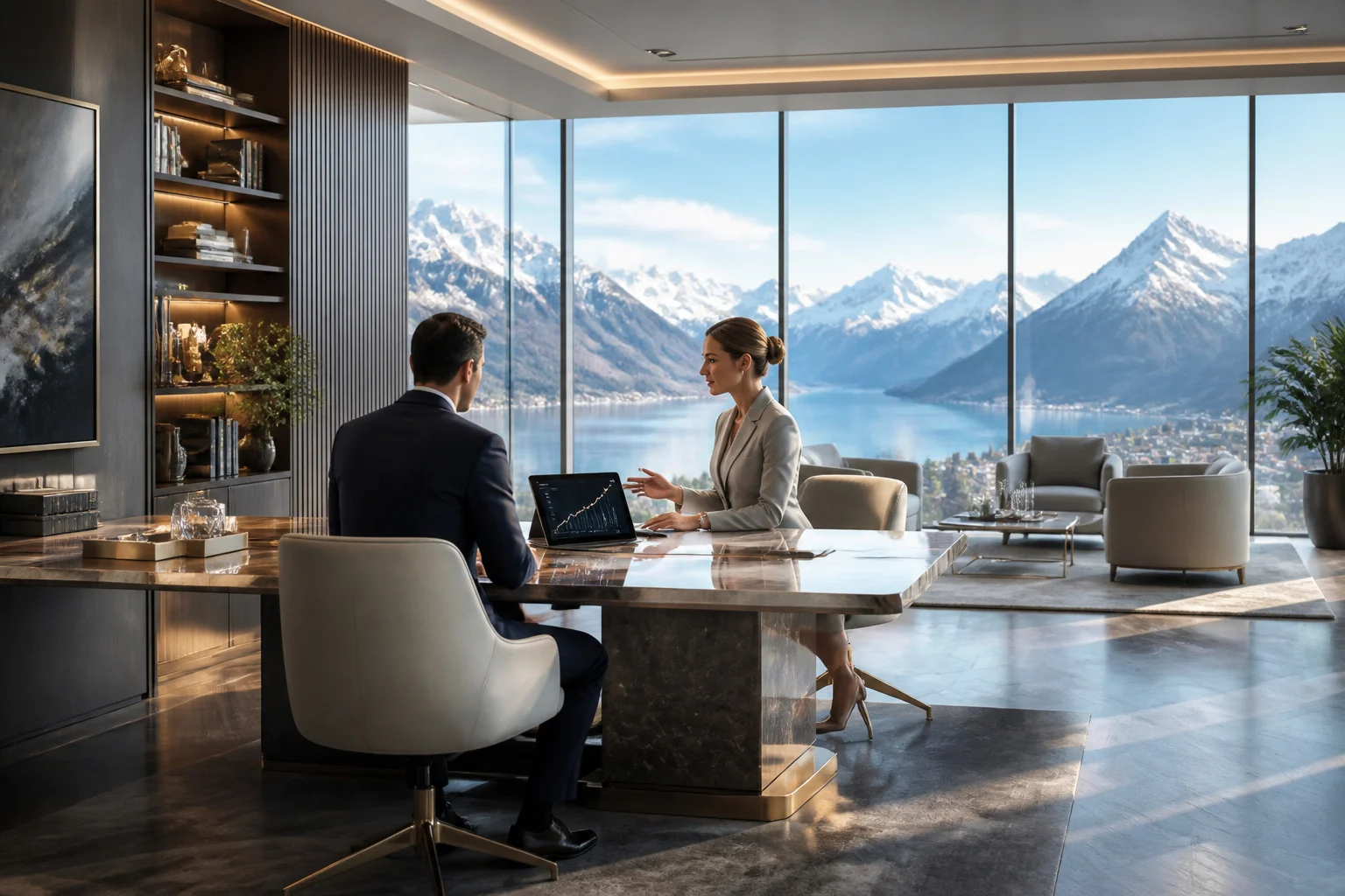 Bureau prive suisse futuriste avec vue sur les alpes