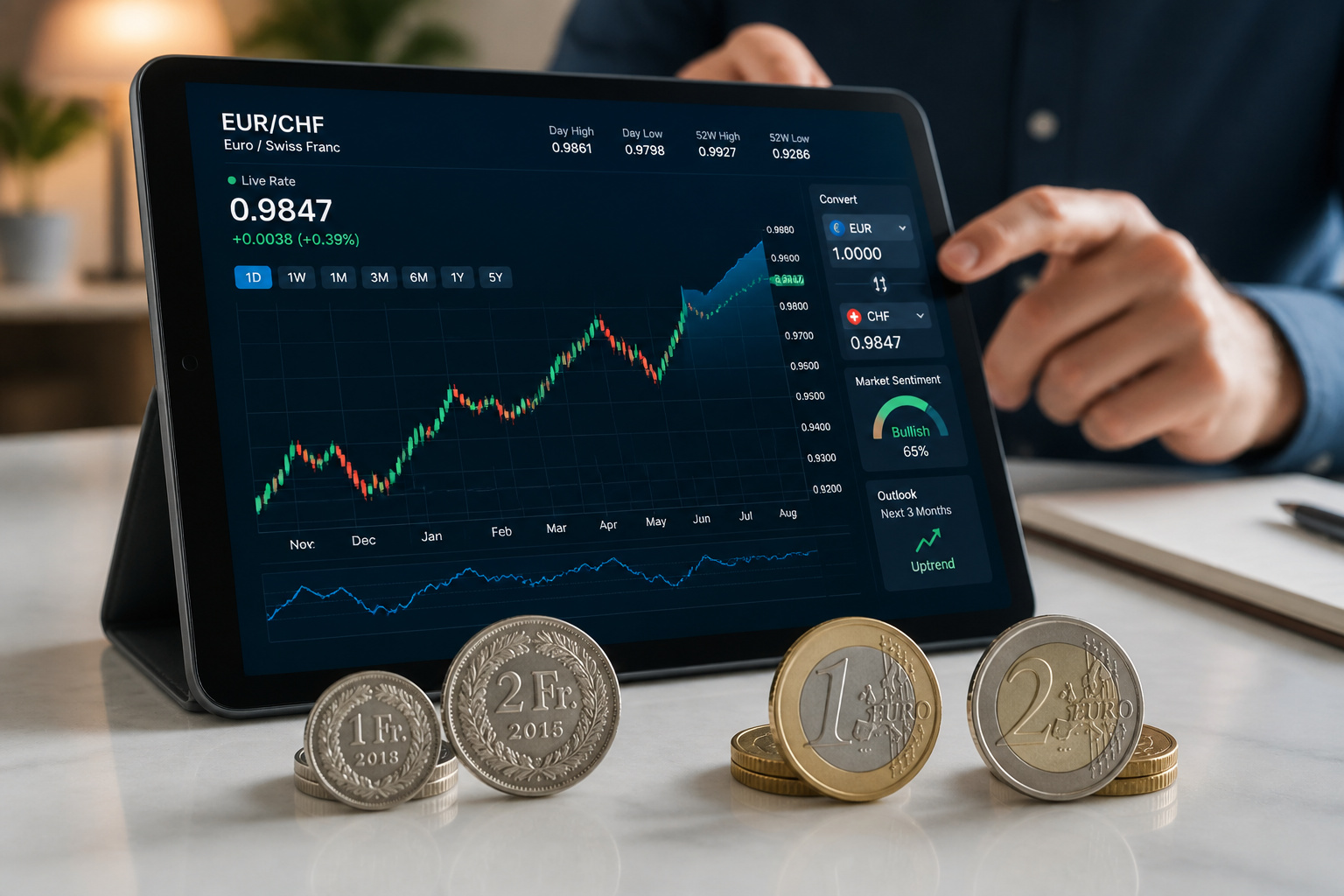 Graphique eurchf avec monnaies suisses et euros