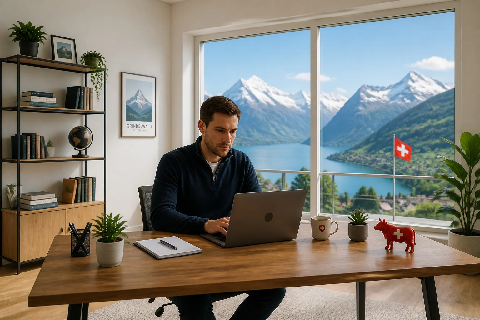 Jeune professionnel travaillant dans un bureau avec vue sur les alpes