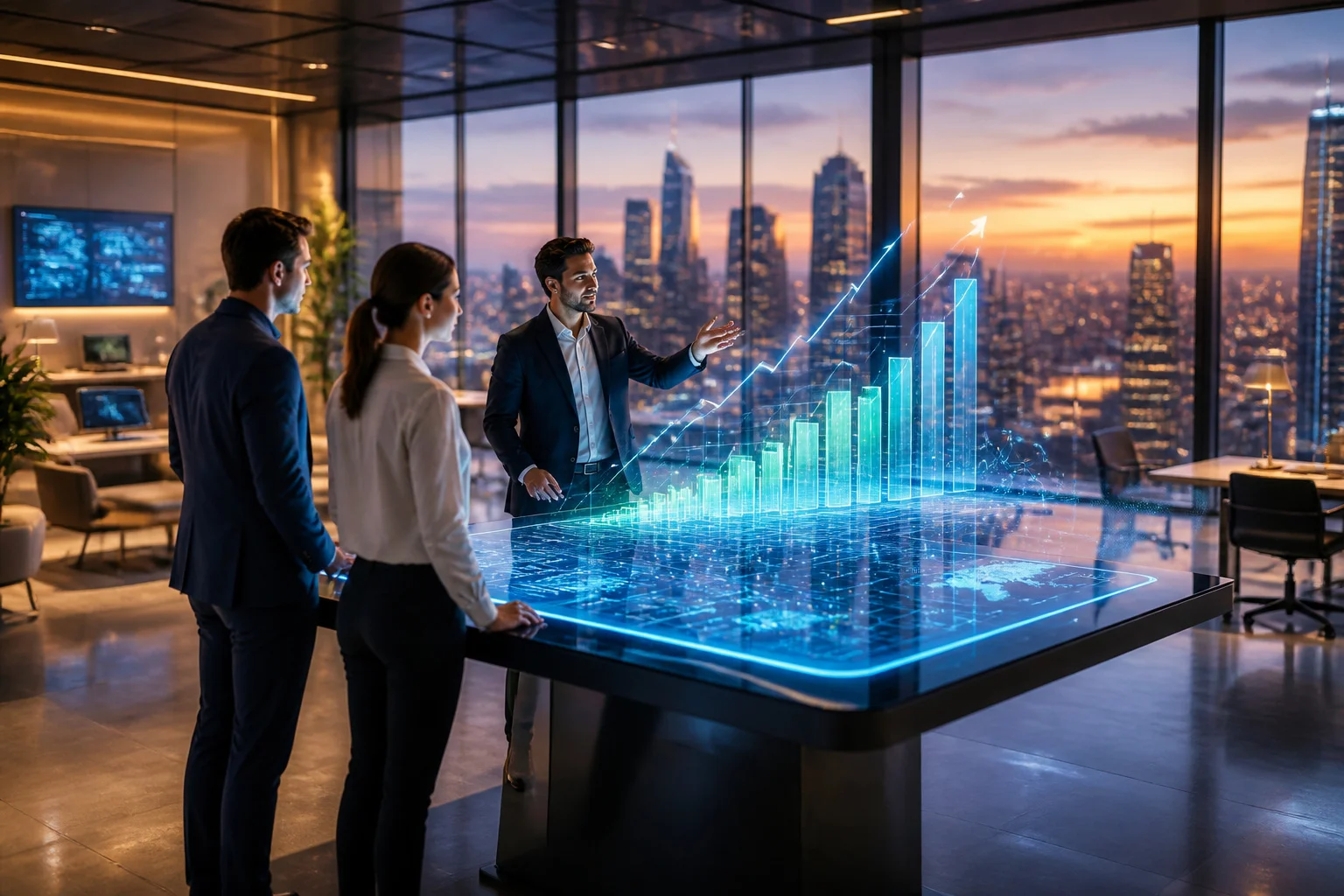 Reunion daffaires futuriste avec hologramme