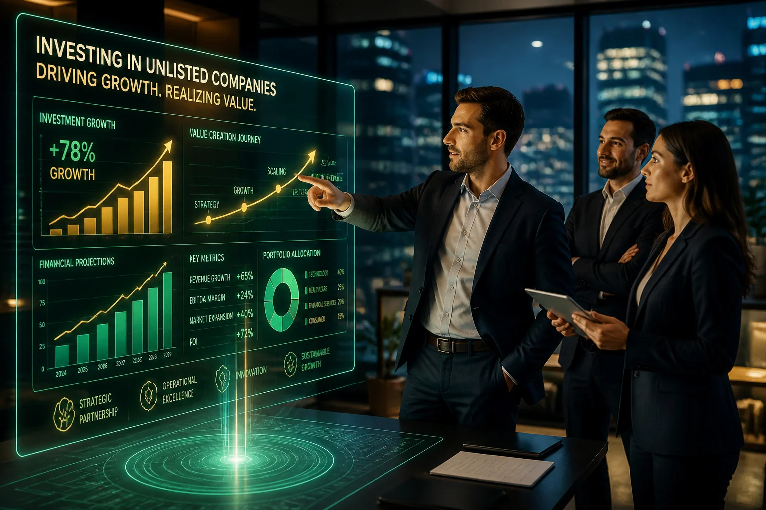 Equipe daffaires analysant la croissance holographique