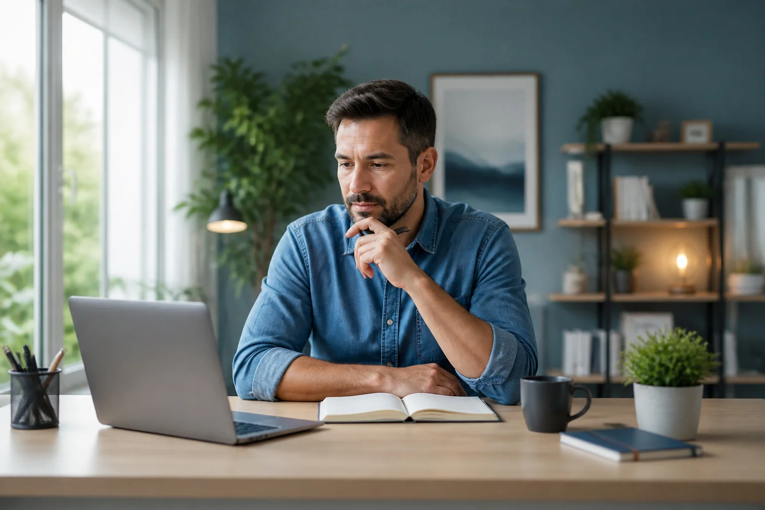 Homme reflechissant a son bureau